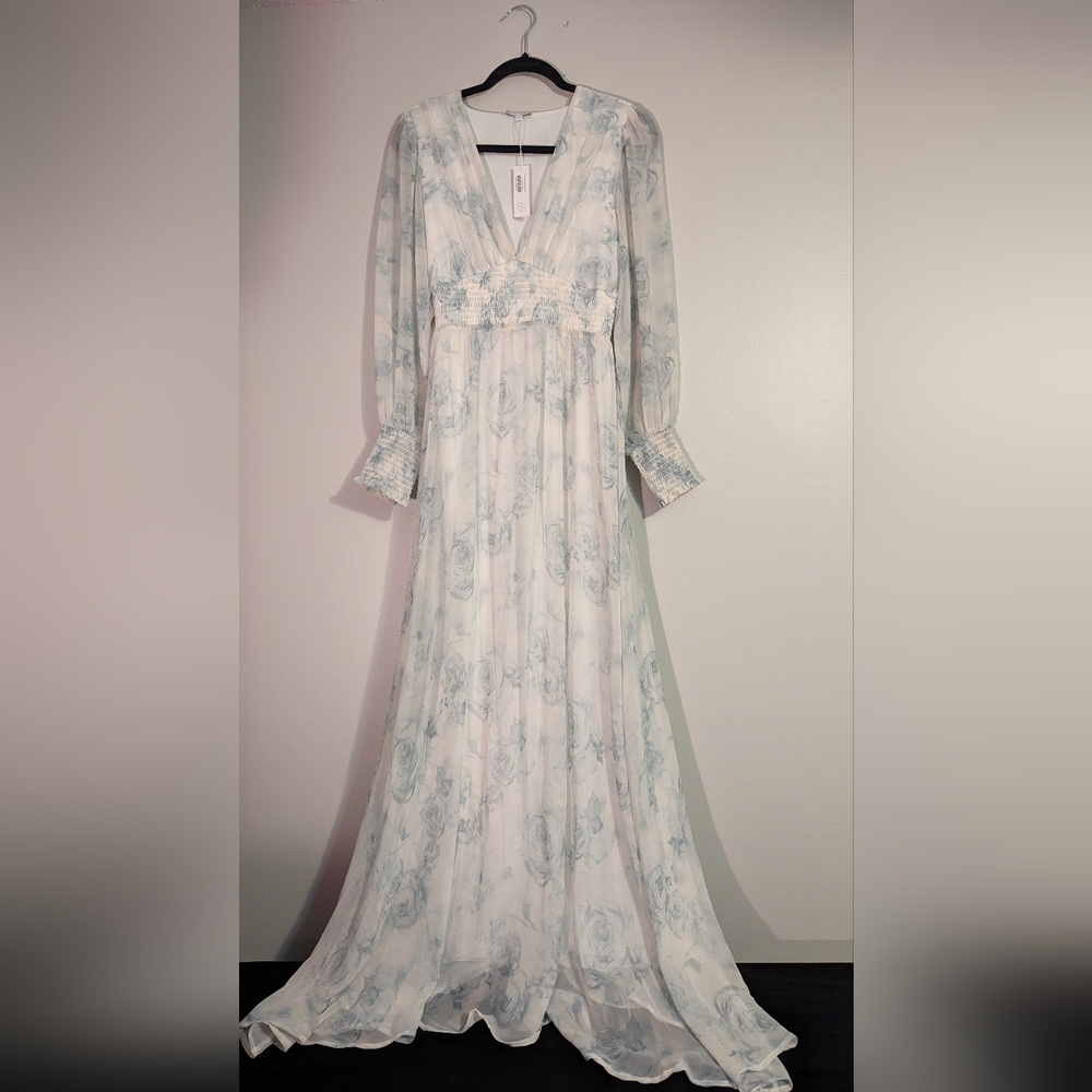 Baltic Born Maxi Floral Blue Rose Long Sleeve Dress Flowy Lightweight Size S
